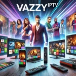 Promotional image showcasing Vazzy IPTV on multiple devices, including smart TVs, laptops, and smartphones, displaying vibrant live TV, movies, and sports content. The image highlights a sleek, modern design that emphasizes seamless streaming and affordable IPTV service.